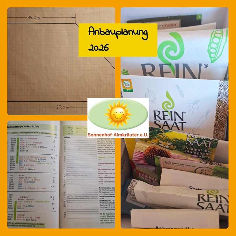 Fotocollage Anbauplan für 2026 mit Aussaatkalender, Saatgutsäckchen und Plan